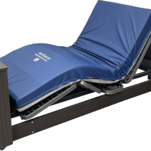 An adjustable bed frame with mattress and head and foot boards.